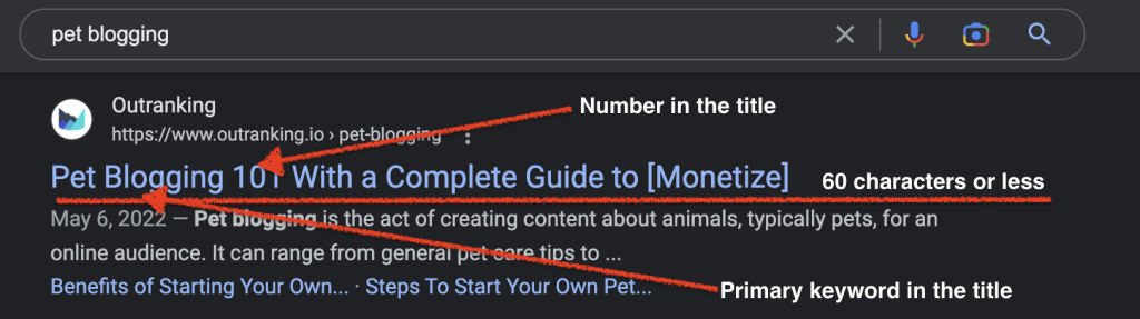 Screenshot of an SEO-title, that's less than 60 characters long, contains the primary keyword, and has a number in the title.