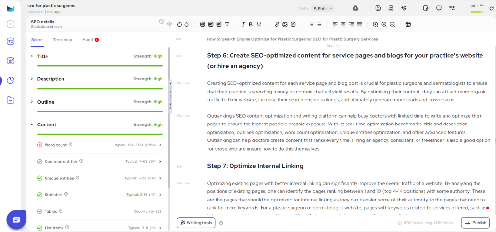 Screenshot of the SEO details for an article titled "SEO for plastic surgeons".