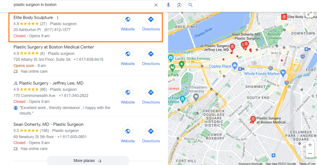 Screenshot of Google search results for "plastic surgeon in Boston". 