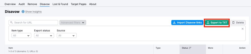 Screenshot of the links to Disavow on Semrush's Backlink Analyzer. The "Export to TXT" button is in a red box.