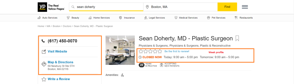 Screenshot of a plastic surgery clinic's profile on the Real Yellow Pages.