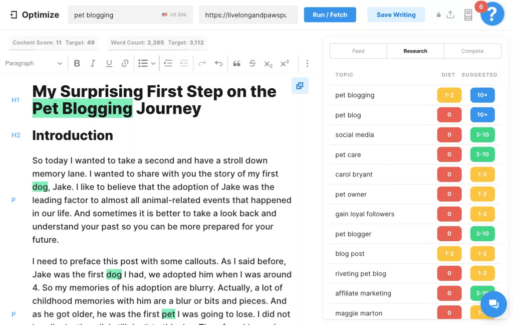 Screenshot of Marketmuse's content analyzer