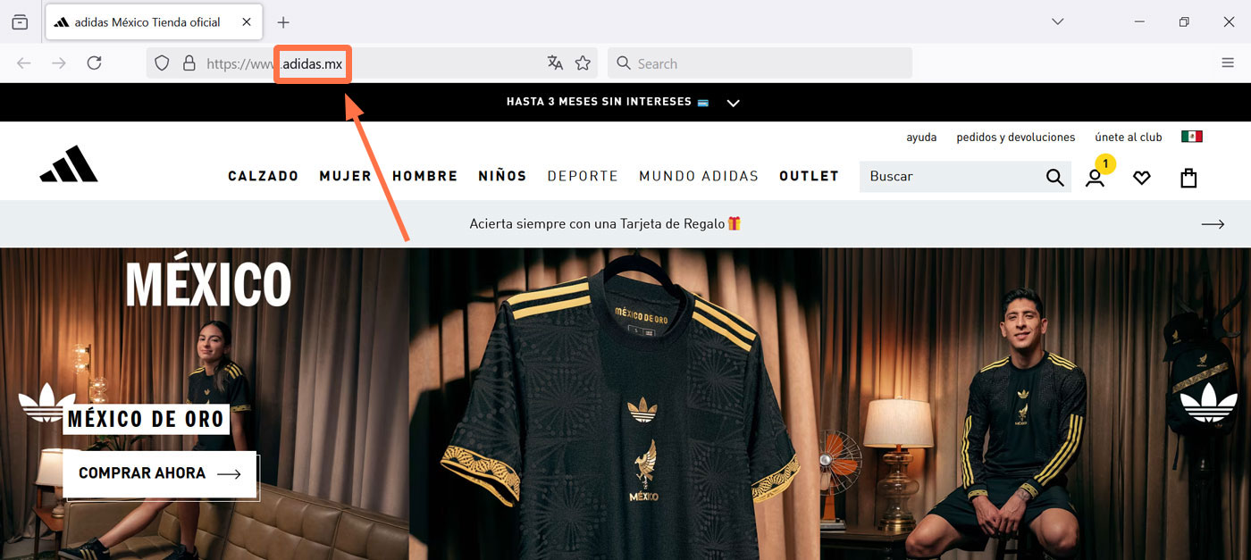 The Adidas Mexico homepage with an orange box and arrow pointing to the .mx TLD