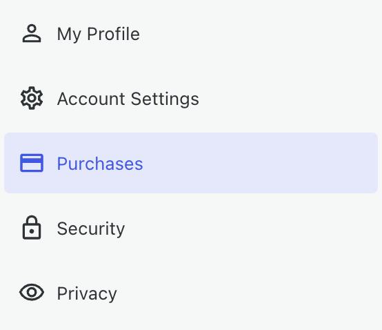 「購入」セクションの周囲が強調表示されたプロフィールメニュー。