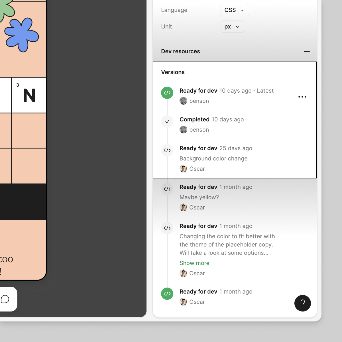 Figma focus view showing version history and comments panel for a design, listing who made changes and when on this file.