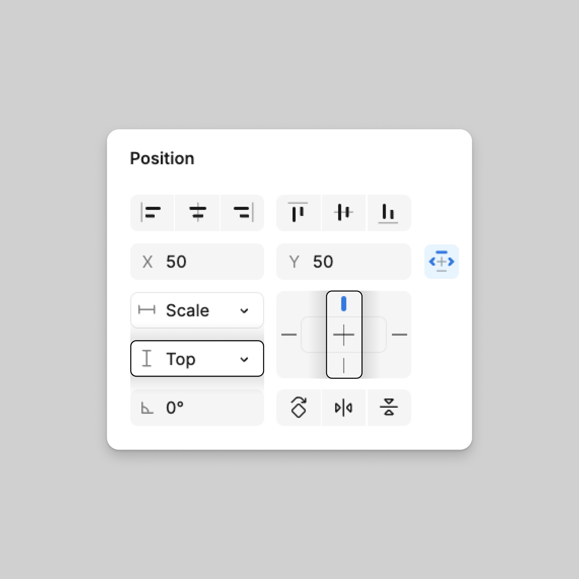 Position panel showing horizontal constraint set to "Scale" and vertical constraint set to "Top" with x and y values at 50.