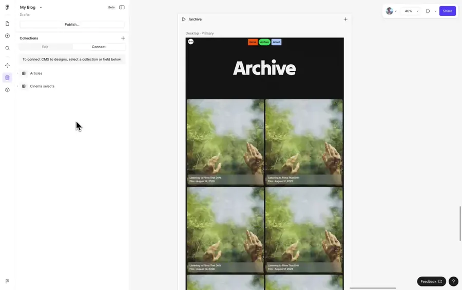 Cursor is selecting fields in connect view in the left sidebar and connecting them to layers in the CMS list