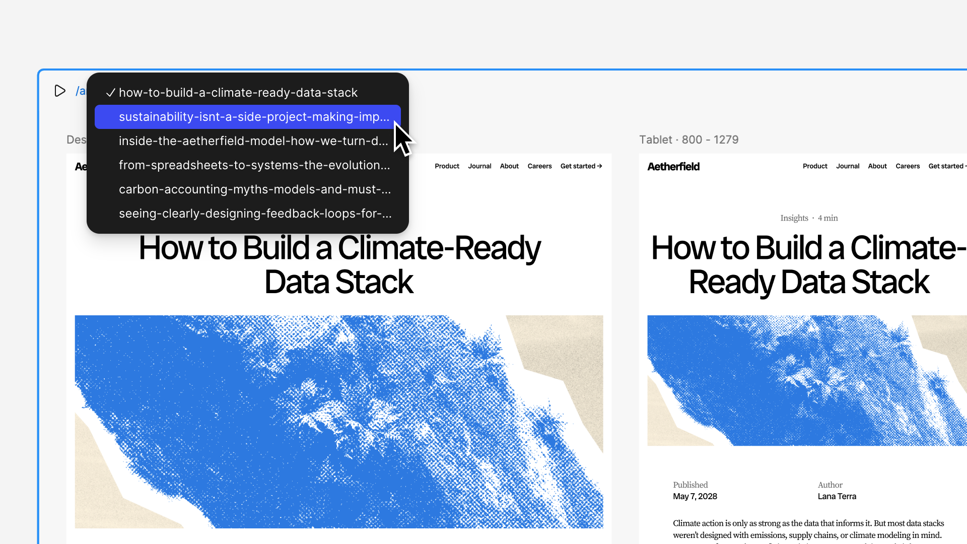 Dropdown menu in a webpage header shows options for switching articles in a climate-focused blog