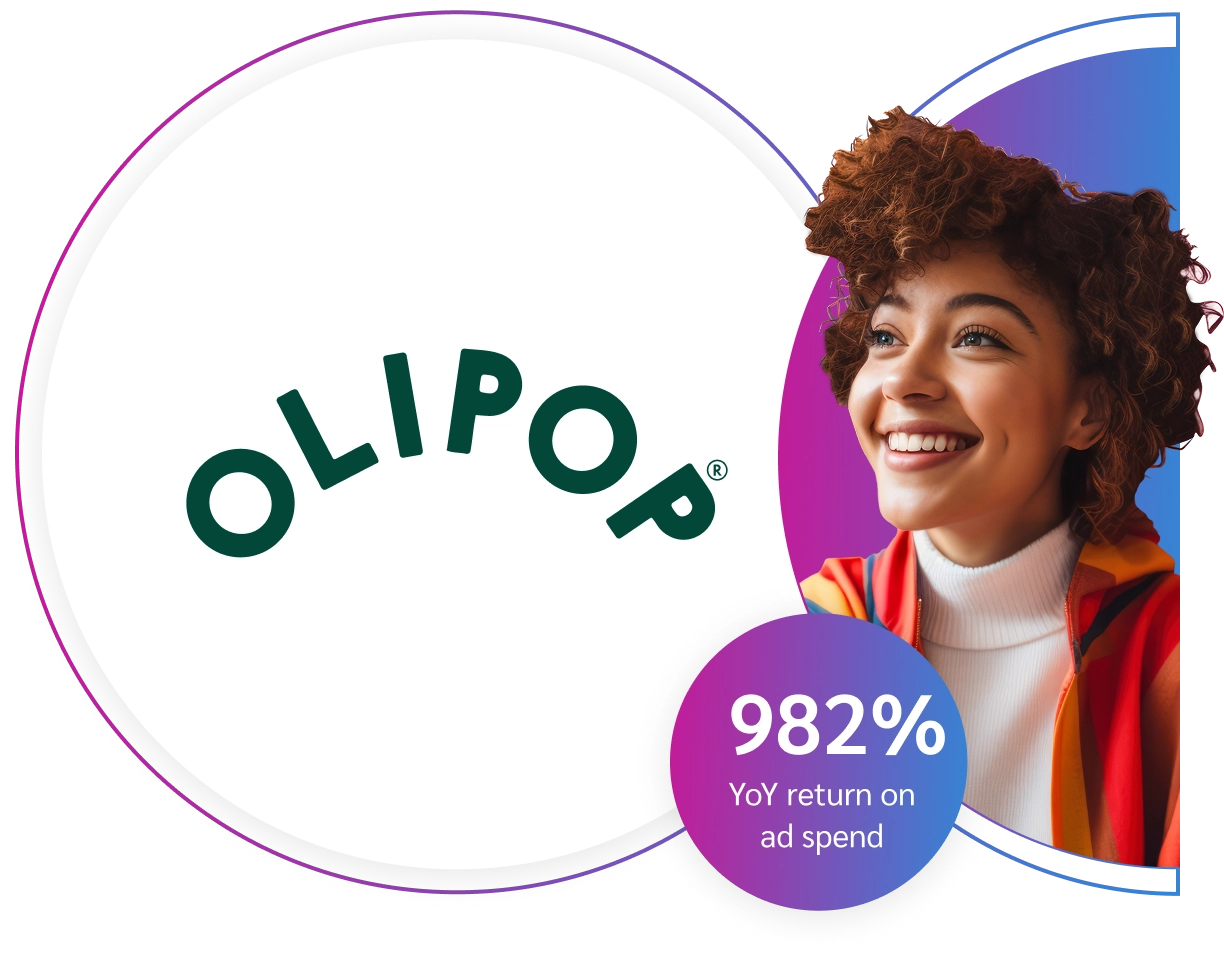 OLIPOP logo featured prominently, accompanied by a statistic highlighting a 982% year-over-year return on ad spend.