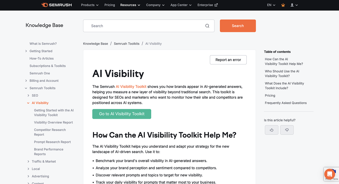 Semrush AI Visibility Toolkit Knowledge Base