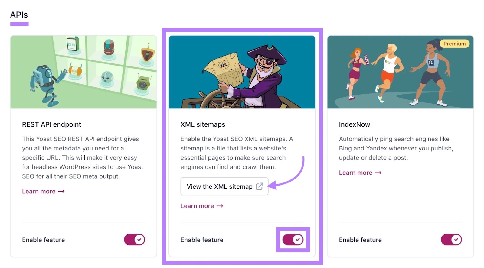 XML sitemaps under APIs highlighted on the YoastSEO settings on WordPress.