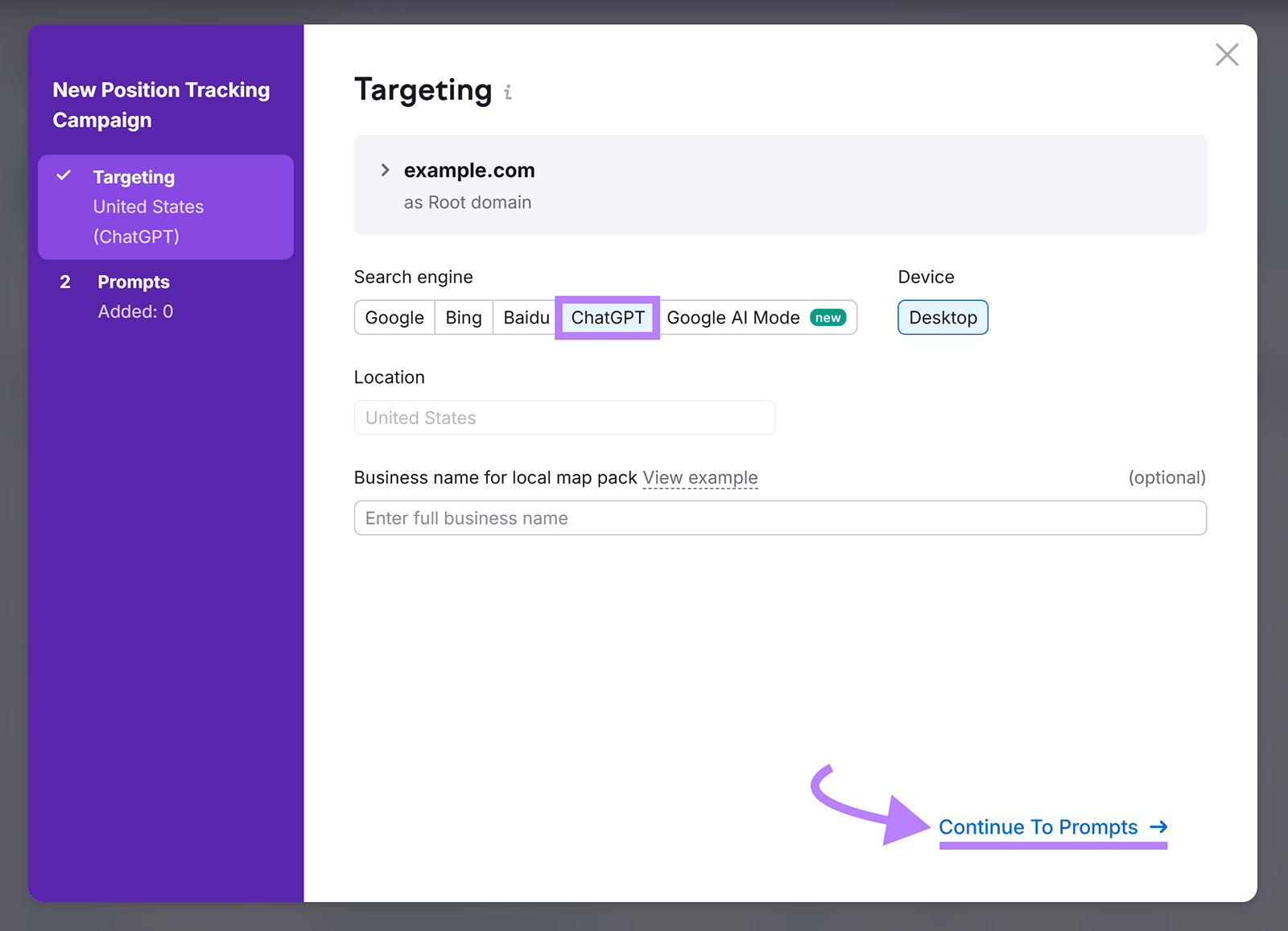 Targeting setup screen showing ChatGPT selected as search engine with continue arrow