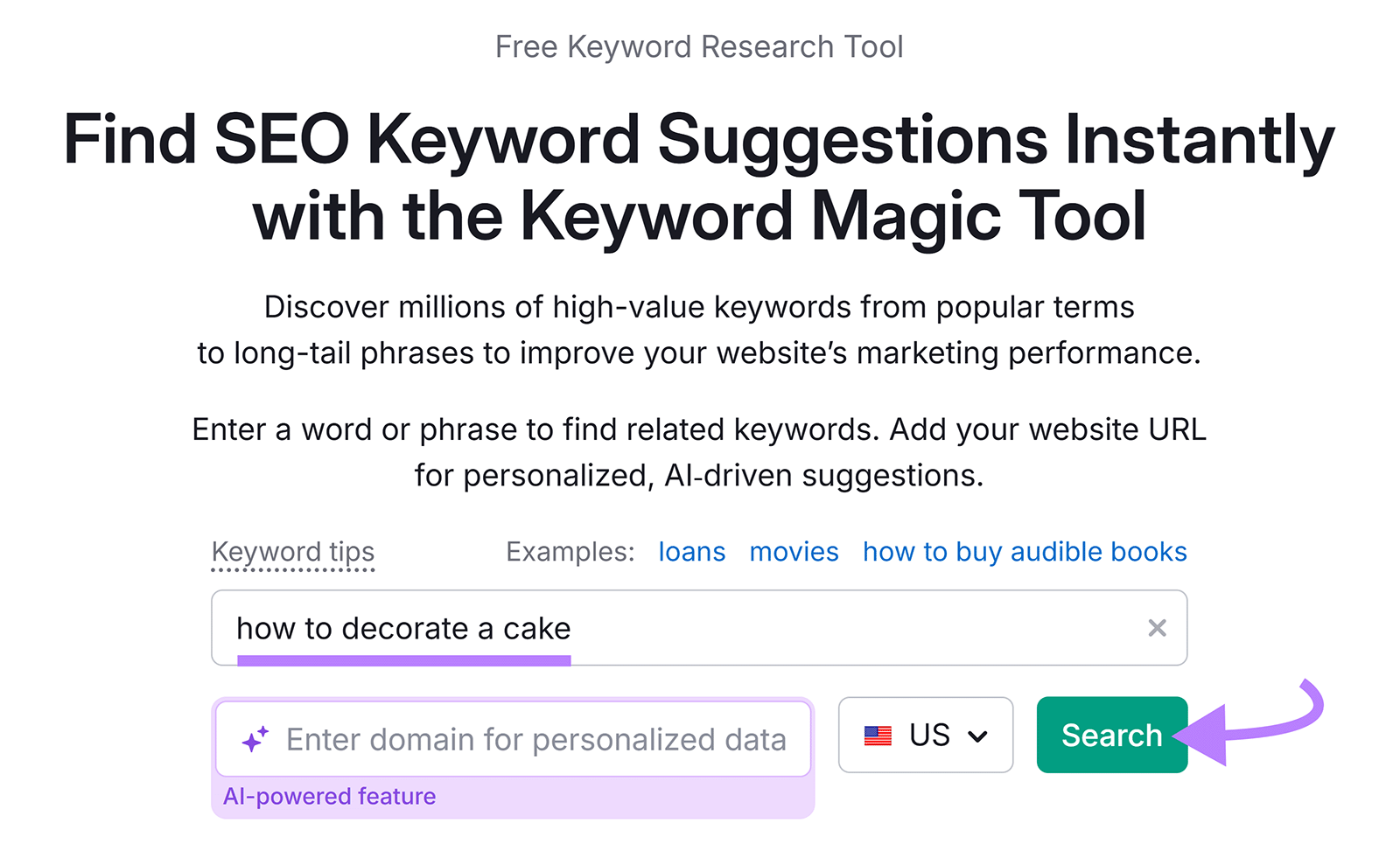 Keyword Magic Tool search bar with phrase "how to decorate a cake" and arrow pointing to Search button.