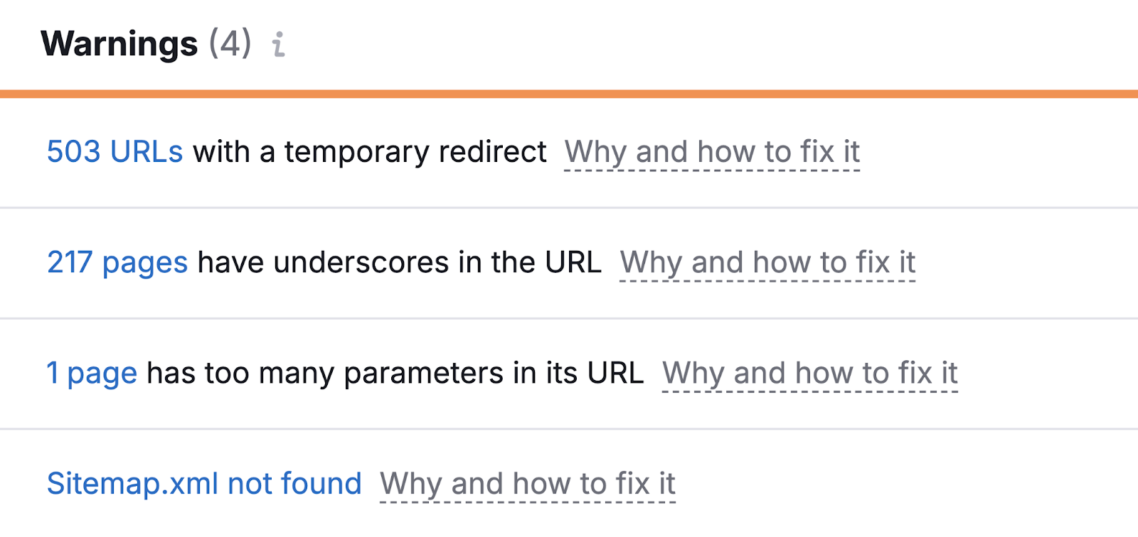 Warnings for this example site include temporary redirects, underscores in the URL, too many parameters in the URL, and more.