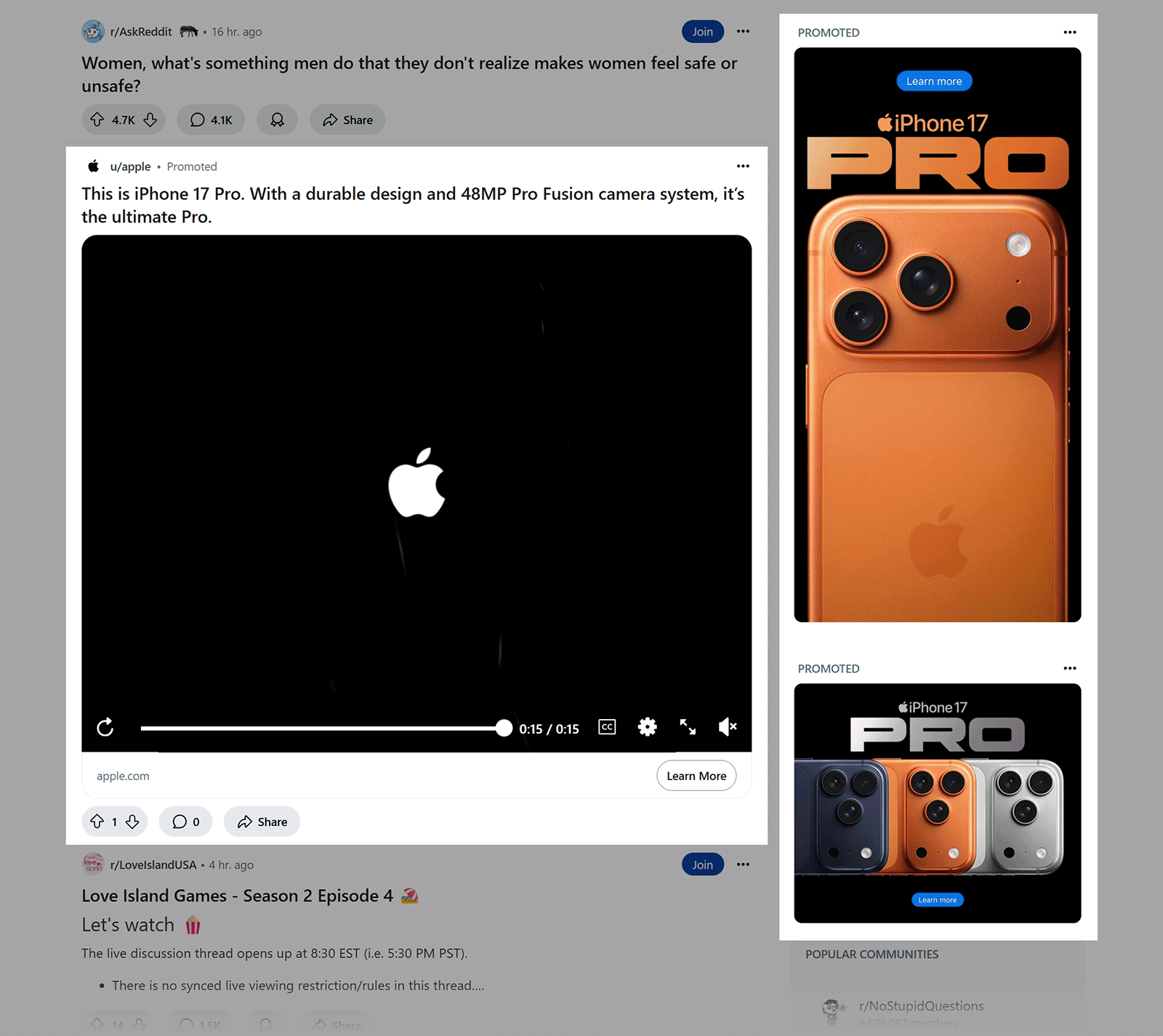 Reddit feed with iPhone 17 Pro ad promoted by Apple.