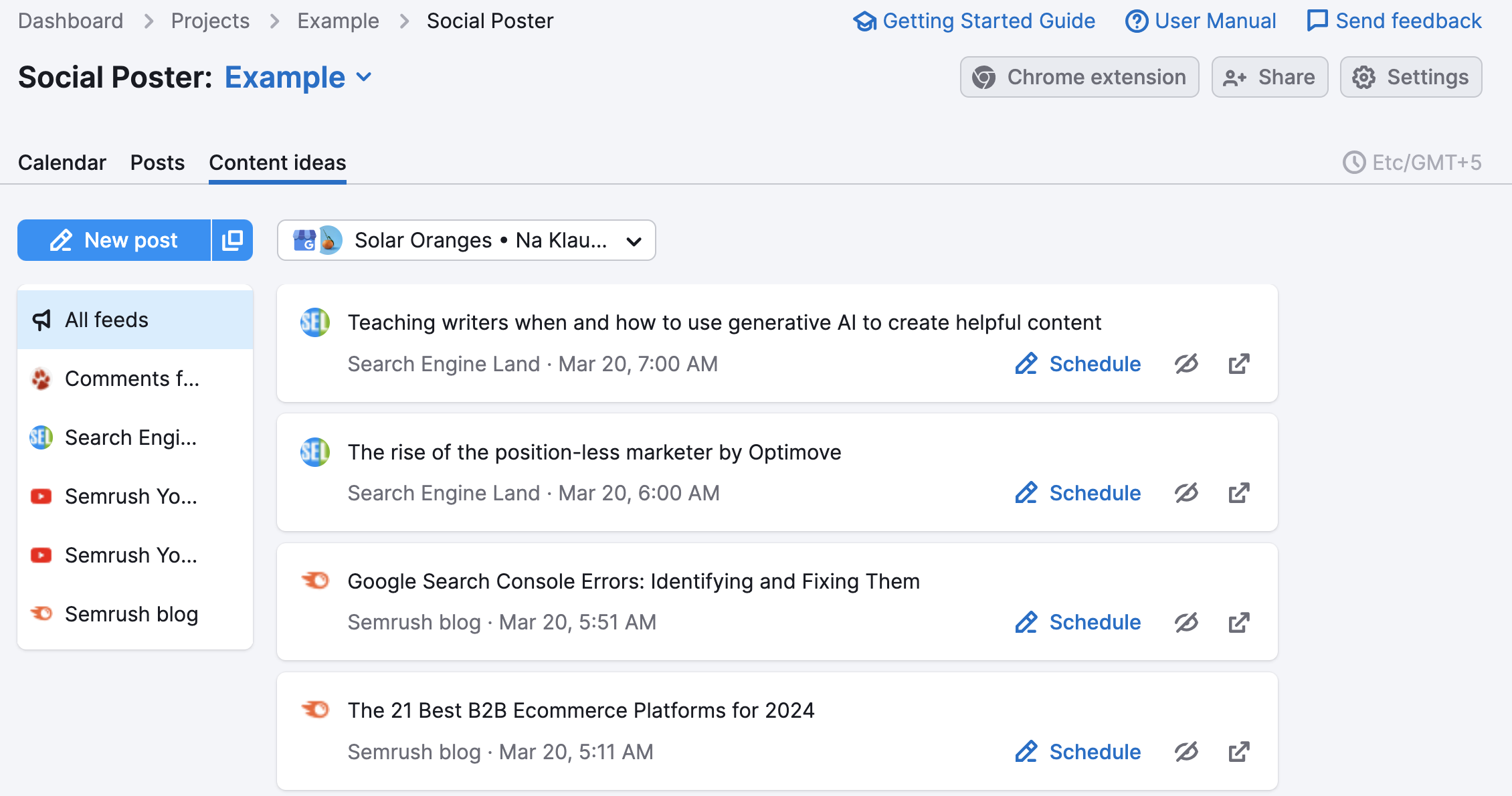 An example of the Content Ideas tab in Social Poster.