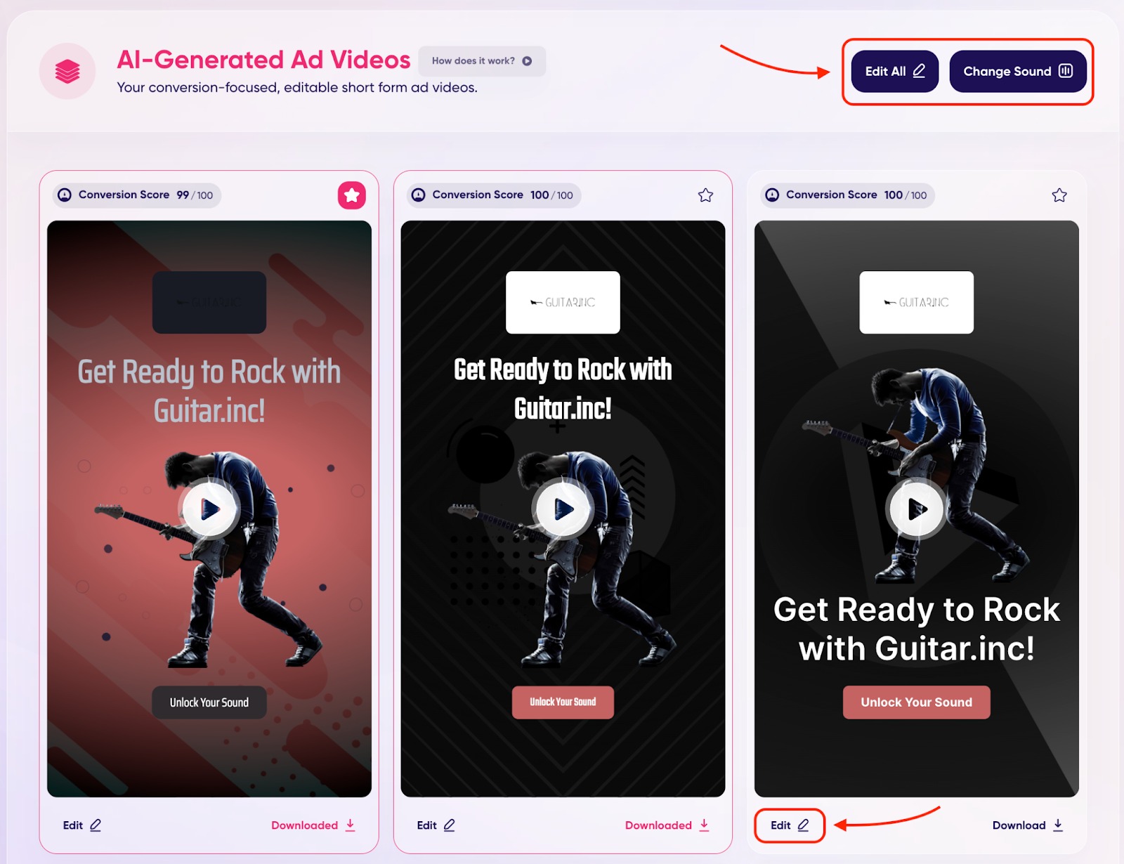 An example of the ‘AI-Generated Ad Videos’ section with ‘Edit All,’ ‘Change Sound,’ and 'Edit' buttons highlighted with red.