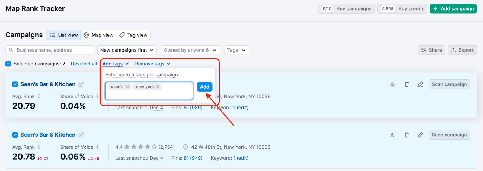Setting up campaign tags in Map Rank Tracker
