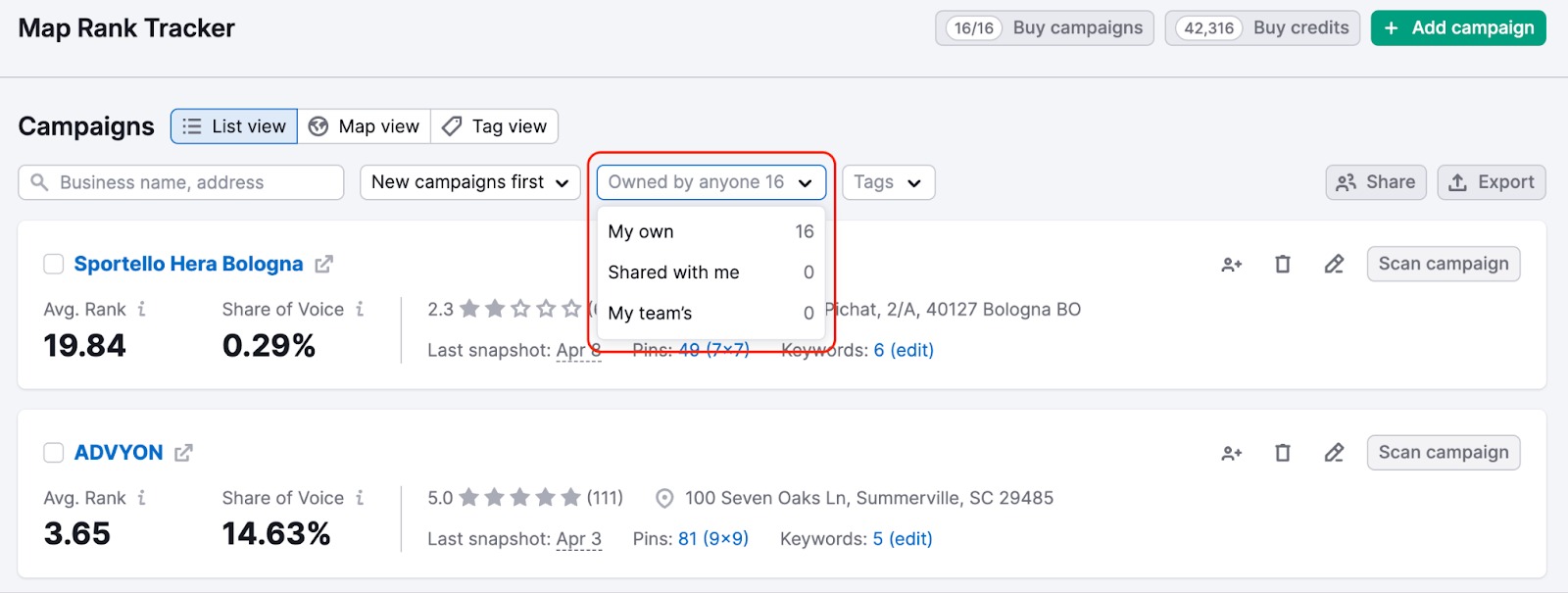 List of campaigns in Map Rank Tracker. A filter on top of the report is open, suggesting to select campaigns owned by a user, user's team, or shared with the user by someone else.