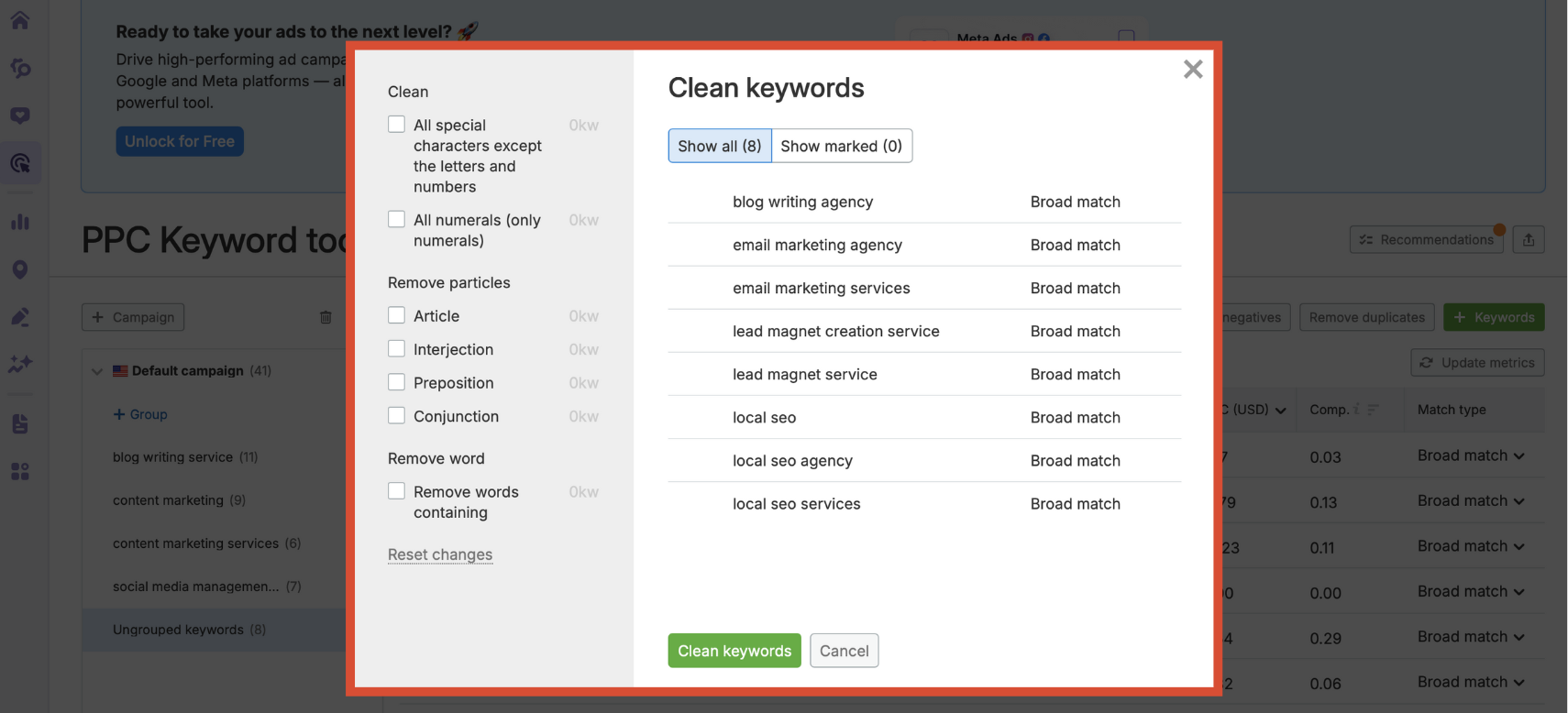 Clean keywords pop-up with filtering options for articles, prepositions, and special characters.