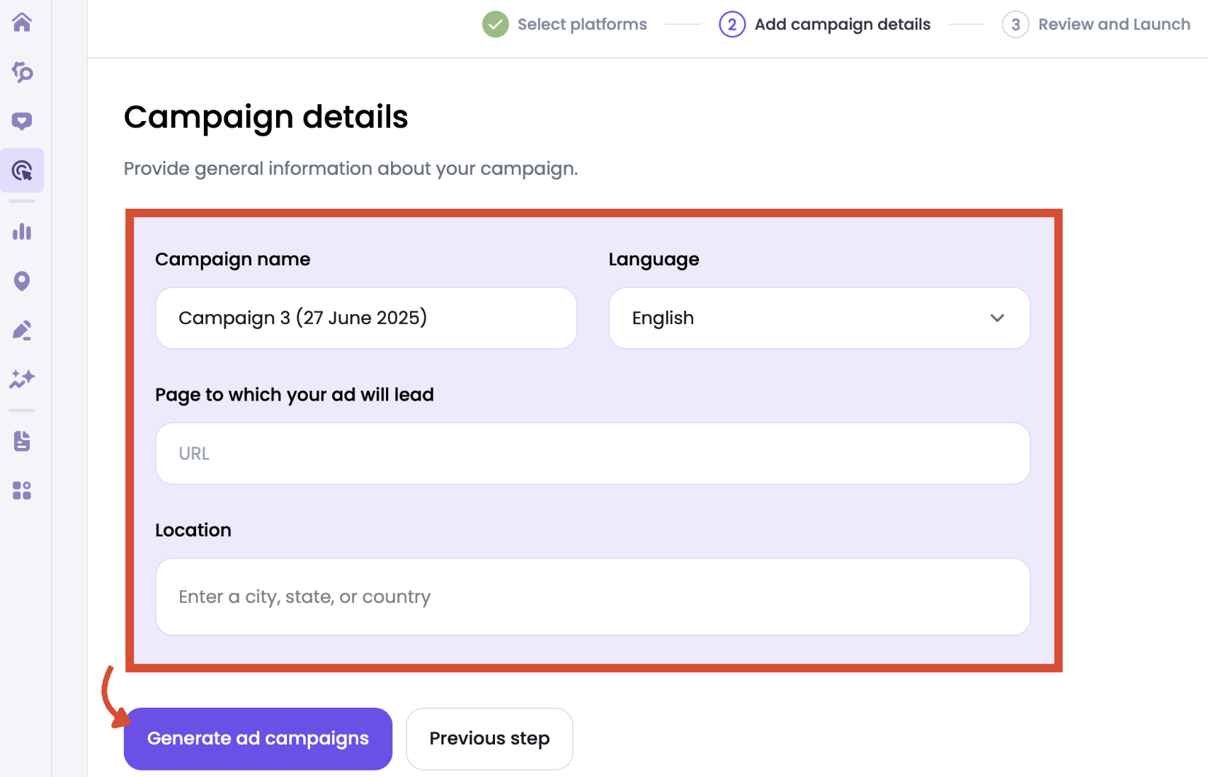 Meta Ads campaign details screen showing campaign name, language, website URL, and location fields.